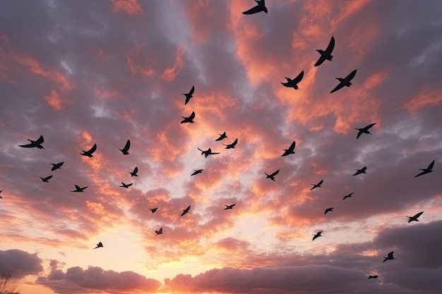 Pájaros volando en el cielo siluetas visibles