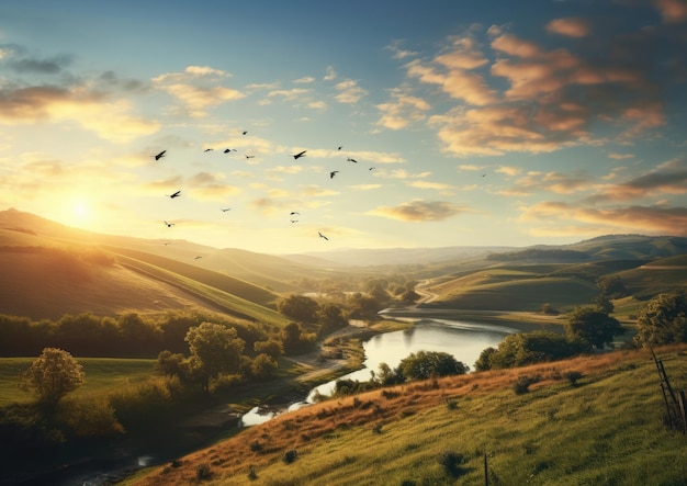 Pájaros volando sobre un tranquilo paisaje rural.