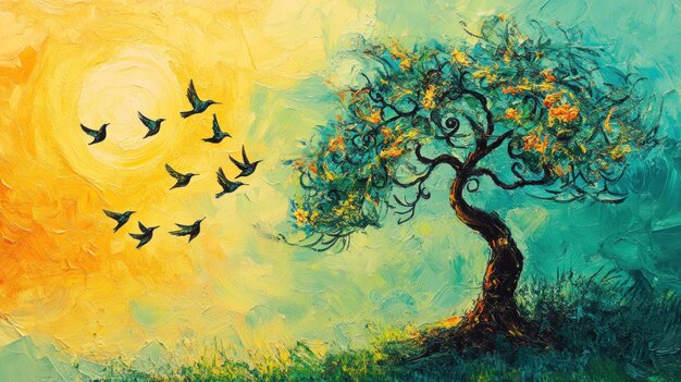 Los pájaros vuelan hacia un árbol al sol