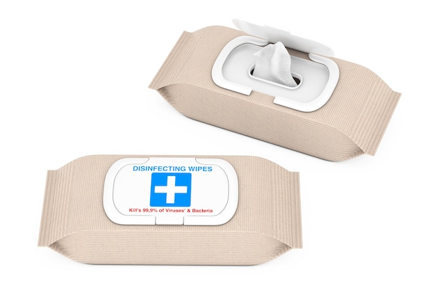 Paket mit feuchten antibakteriellen Desinfektionstüchern auf weißem Hintergrund. 3D-Rendering