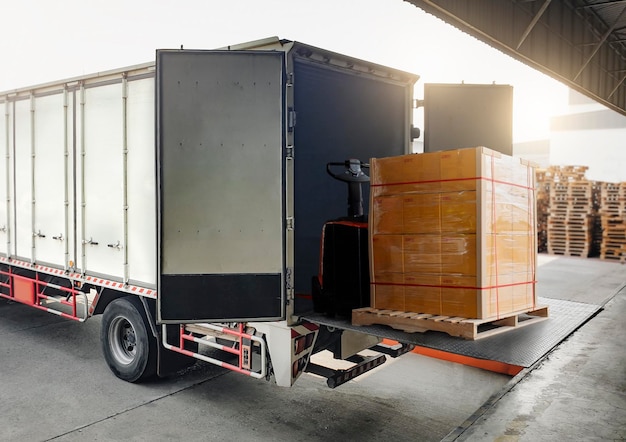 Foto paketboxen, die in versandfrachtcontainer geladen werden lagerhaus versandlogistik güterwagen