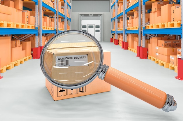 Paketverfolgungskonzept Paket mit Lupe im Lager 3D-Rendering