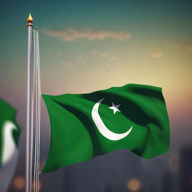 Pakistan schwenkt Flagge auf blauem Himmelshintergrund, 3D-Darstellung