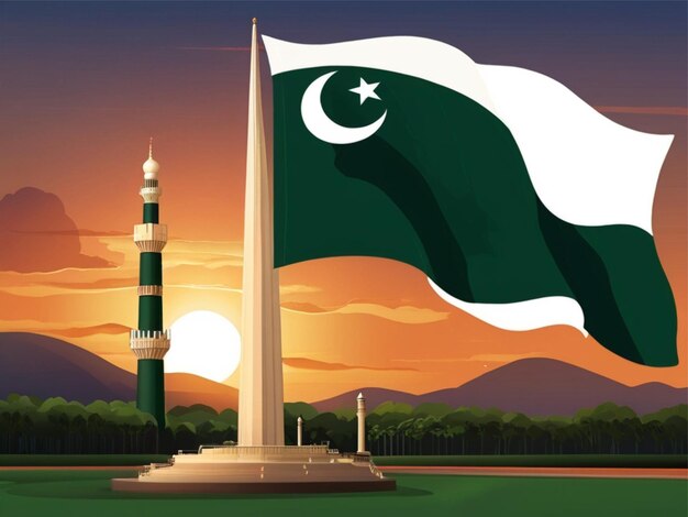 Pakistan-Tag-Illustration mit Minar e Pakistan bei Sonnenuntergang