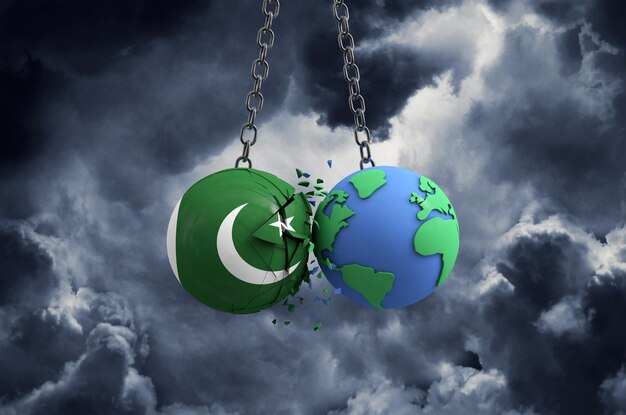 Pakistanischer Flaggenball, der in den Planeten Erde einschlägt, globale Auswirkungen und Katastrophenkonzept d rendern