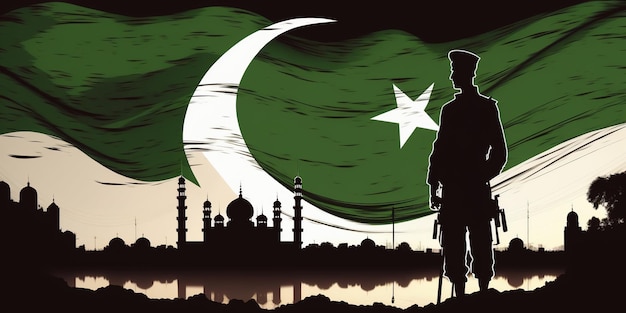 Pakistanischer Unabhängigkeitstag 14. August Soldaten schwenken die pakistanische Stoffflagge von Pakistan