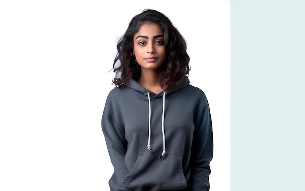 Pakistanisches indisches Mädchen mit schlichtem Kapuzenpullover, Modefotografie im Studio