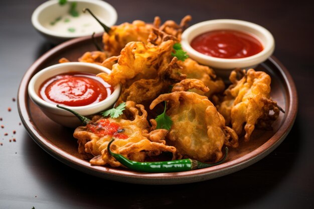 Pakoda de cebola crocante ou Kanda Bajji com ketchup de tomate