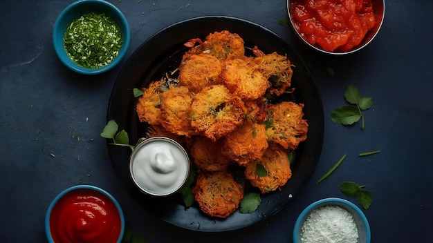 Foto pakora de cebolla frita o pyaj pakoda también conocido como kanda cruji bhaji bhajji bajji favorito de la india