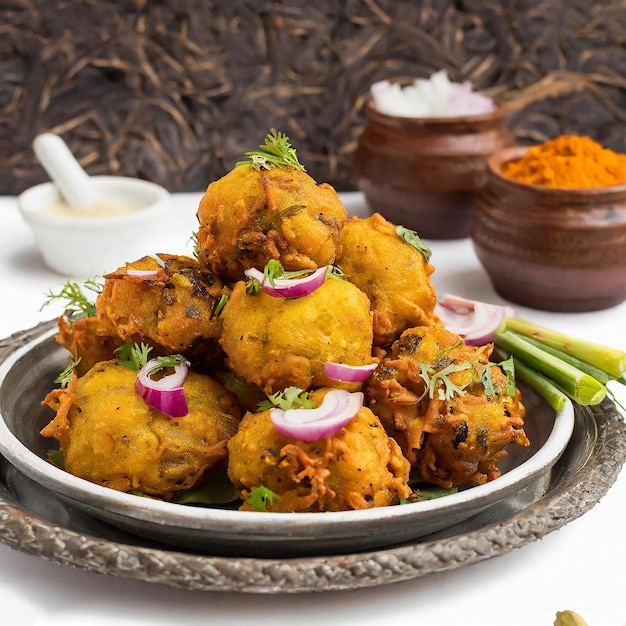 Foto pakora es un bocadillo popular de comida callejera india o paquistaní sobre un fondo blanco