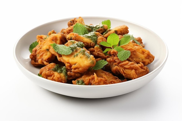 Pakoras caseiros com chutney de hortelã Em fundo branco o melhor da fotografia de Pakora indiana