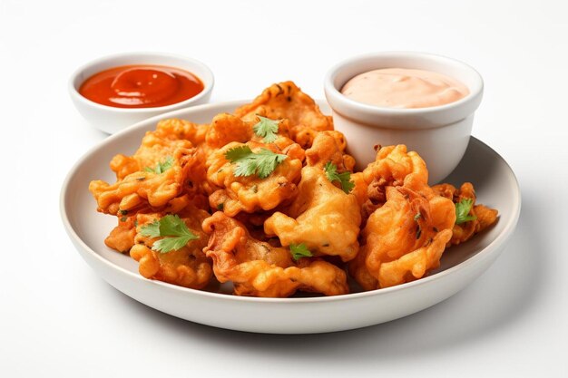 Pakoras caseiros com Chutney de Tomate Em fundo branco o melhor da fotografia de Pakora indiana