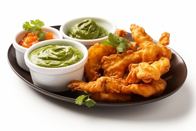 Pakoras caseiros com chutney Em fundo branco o melhor da fotografia de Pakora indiana