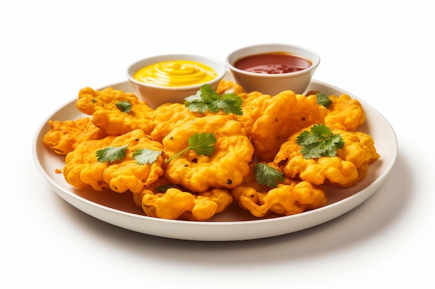 Pakoras de milho dourado em fundo branco o melhor da fotografia de Pakora indiana