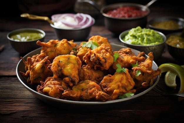 Pakoras indios fritos en un fondo rústico de madera