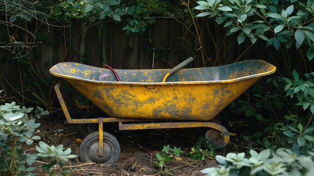 Una pala en una carretilla entre las plantas en un jardín