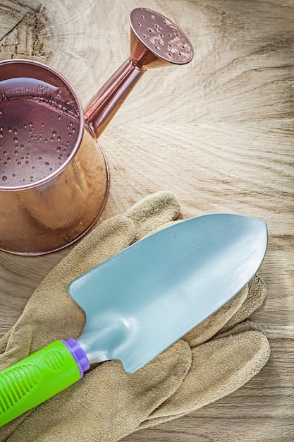 Pala de mano par de guantes de trabajo regadera en tablero de madera concepto de jardinería.