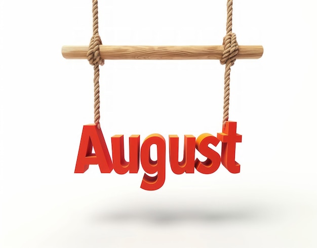 La palabra agosto escrita en negrita letras rojas individualmente colgando de una cuerda rústica cuerda atada en nudos suspendida en el aire sobre un fondo blanco limpio