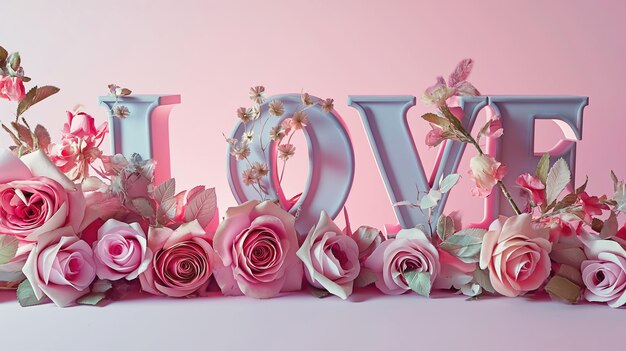 Palabra Amor decorada con delicadas rosas sobre fondo rosa Concepto del día de San Valentín