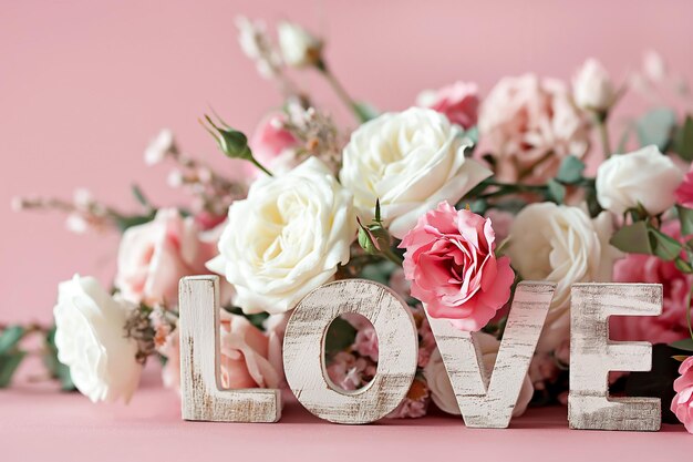 Palabra de amor decorada con delicadas rosas sobre un fondo rosado concepto del Día de San Valentín