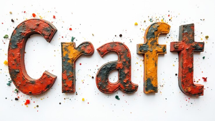 Foto palabra artesanal en letras hechas a mano rodeadas de tijeras, pegamento y muestras de tela