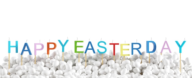 Palabra colorida "Feliz día de Pascua" hecha con velas superpuestas celebración de huevo blanco para el día de Pascua