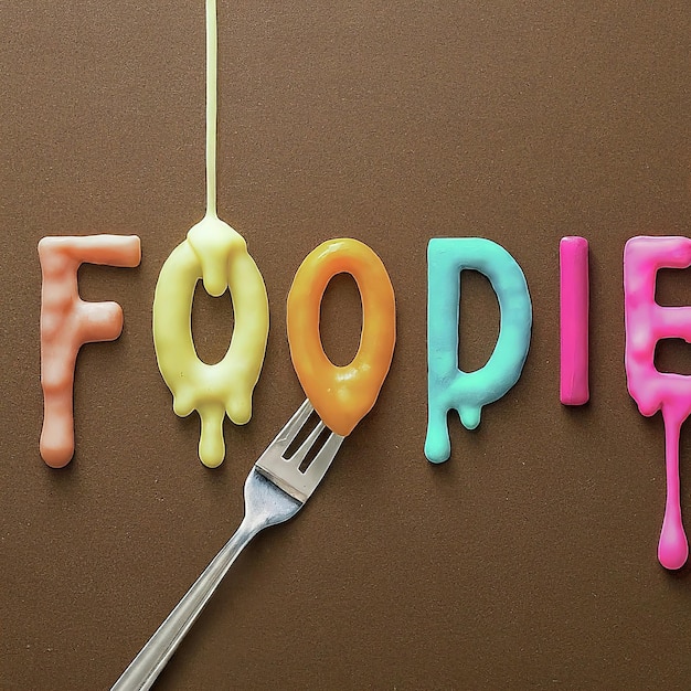 Foto la palabra comida escrita en un fondo colorido de comida