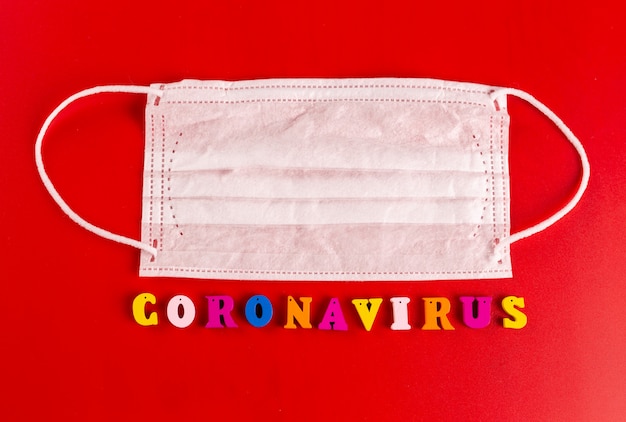 Palabra de coronavirus hecha de letras coloridas sobre fondo rojo. La inscripción en la máscara protectora médica coronavirus.