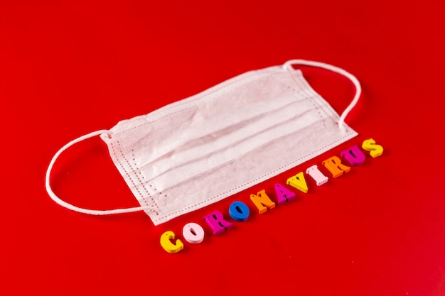 Palabra de coronavirus hecha de letras coloridas sobre fondo rojo. La inscripción en la máscara protectora médica coronavirus.