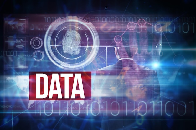 La palabra data y un hombre de negocios maduro sosteniendo un paraguas contra el diseño de interfaz de impresión manual de tecnología rosa