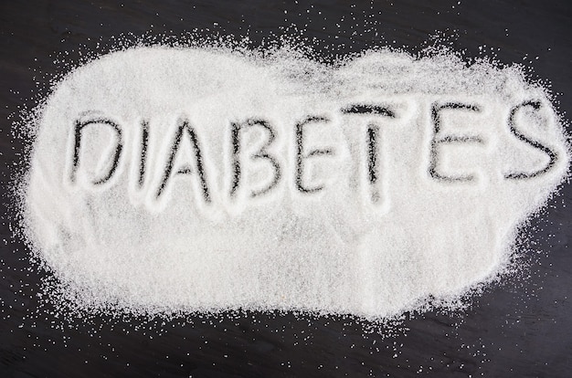 Foto la palabra diabetes está escrita en azúcar granulada blanca. concepto de daño por azúcar.