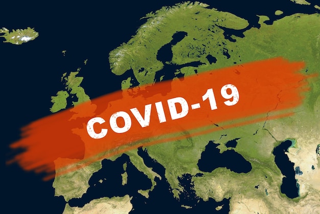 Palabra epidémica de coronavirus COVID19 en el mapa de Europa La propagación del virus de la corona en el mundo