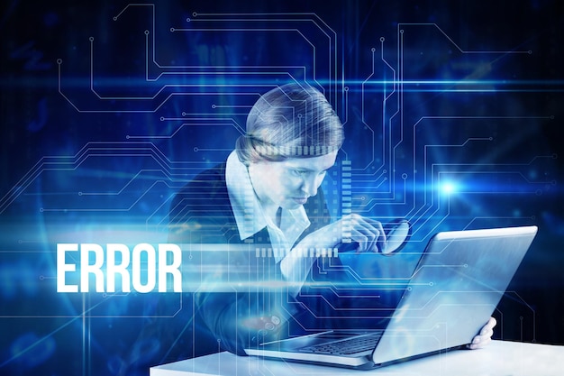 La palabra error y la empresaria pelirroja usando su computadora portátil contra la interfaz de tecnología azul con placa de circuito