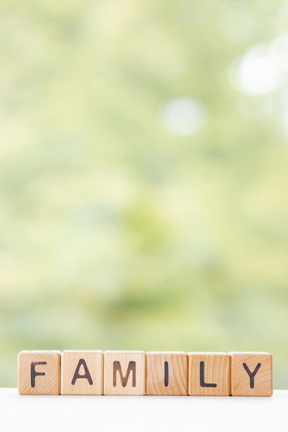 La palabra familiar está escrita en cubos de madera sobre un fondo verde de verano Primer plano de elementos de madera