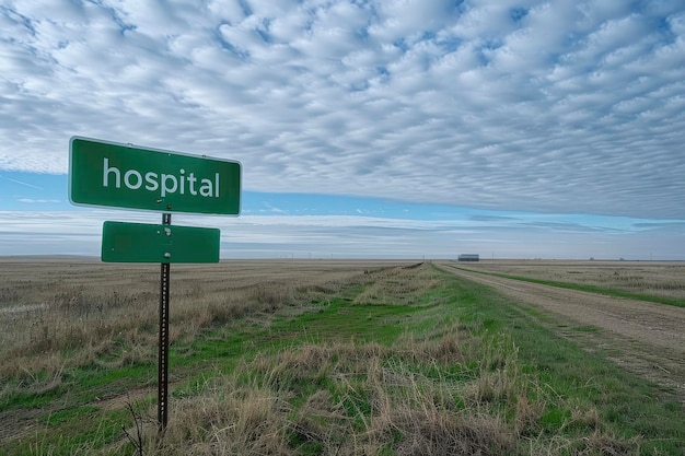 La palabra hospital se muestra en un letrero verde que está situado en un campo abierto bajo un cielo nublado Hay una extensión interminable de tierra plana en el fondo
