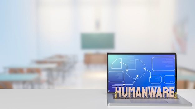 La palabra humanware y chesson de oro en el cuaderno en el aula para la representación 3d del concepto empresarial o tecnológico