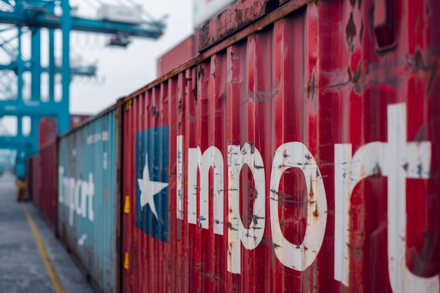 La palabra importación en el lado de un negocio global de contenedores de envío y concepto de comercio