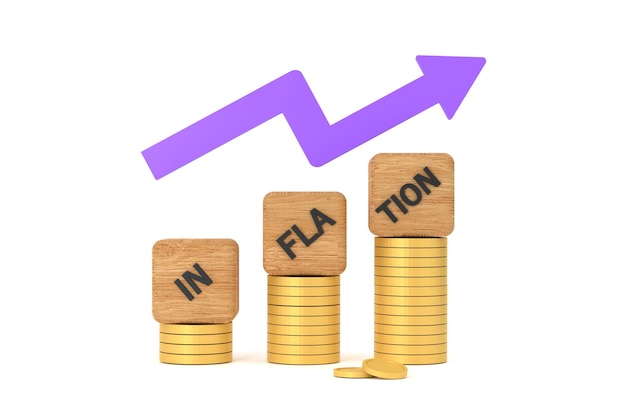 Palabra de INFLACIÓN en un cubo de madera sobre monedas en la idea de economía mundial y control de la inflación