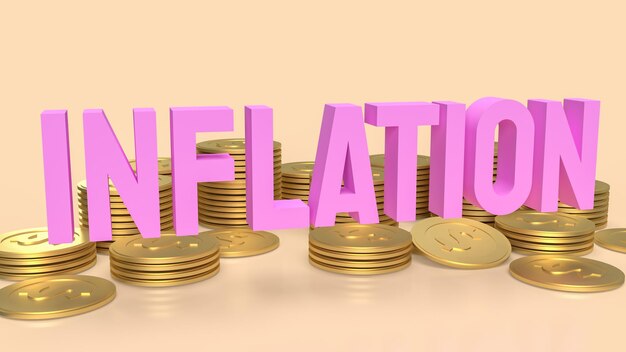 La palabra de inflación y las monedas de oro para la representación 3d del concepto de negocio