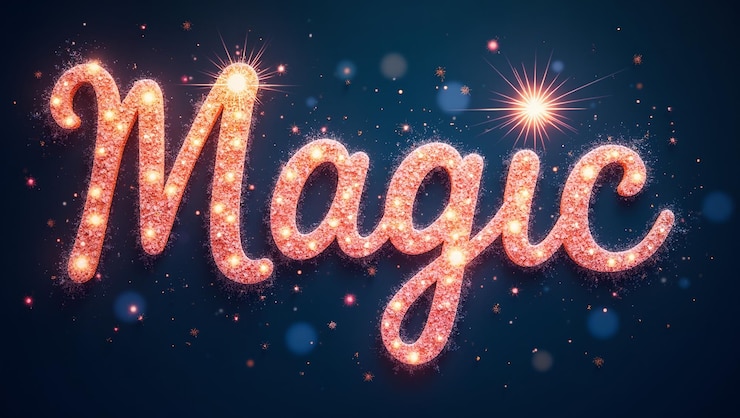 Foto palabra mágica lúdica en letra elegante con puntos brillantes y remolinos