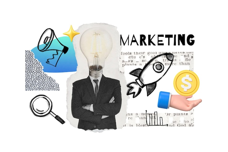 Palabra de marketing png hombre de negocios de cabeza de bombilla remix fondo transparente