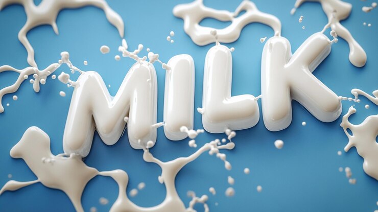 Foto la palabra milk creada por salpicaduras de leche sobre un fondo azul