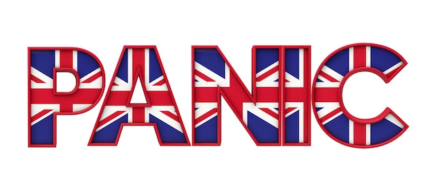 Palabra de pánico hecha de letras de la bandera Union Jack Representación 3D