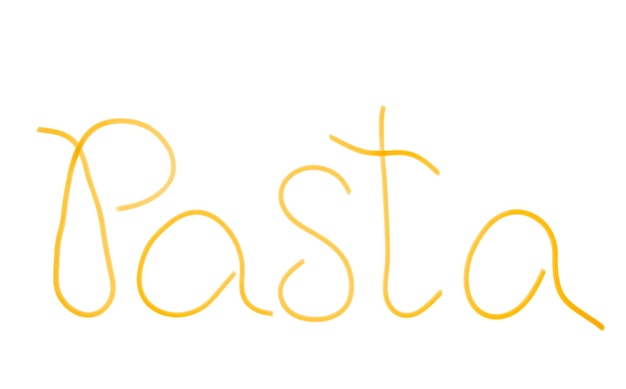 Palabra de pasta escrita con espagueti cocido aislado en blanco