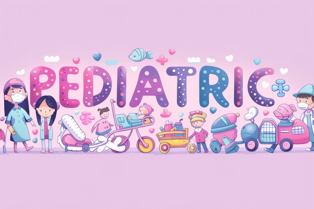 Palabra pediátrica en estilo de dibujos animados coloridos para el concepto de atención médica infantil