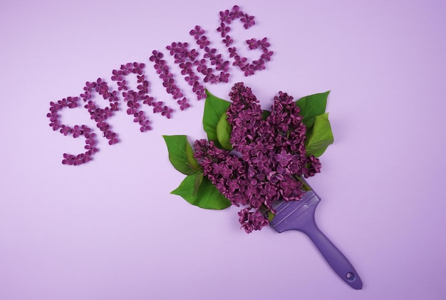 La palabra PRIMAVERA se escribe con un pincel con flores lilas