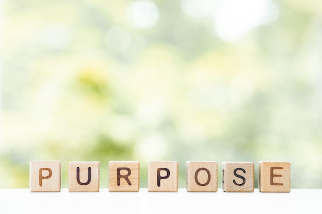 La palabra propósito está escrita en cubos de madera sobre un fondo verde de verano Primer plano de elementos de madera
