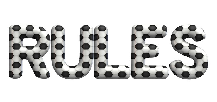 Foto palabra de reglas hecha de una textura de balón de fútbol representación 3d