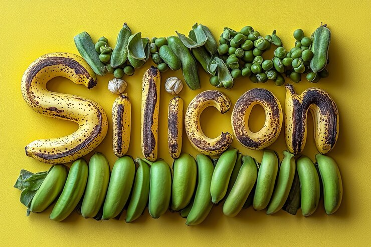 Foto la palabra silicio formada con avena, plátanos y frijoles verdes sobre un fondo amarillo pastel