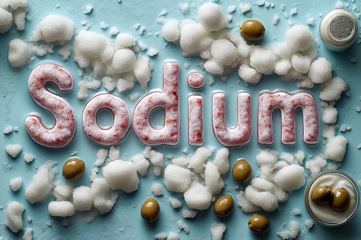 Foto la palabra sodio creada con saleros salsa de soja y aceitunas en un fondo de menta pastel